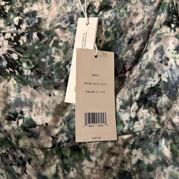 Vince Satin Blouse Painted Green White Floral Square Neck Cropped Women's 8 NWT - Picture 6 of 13